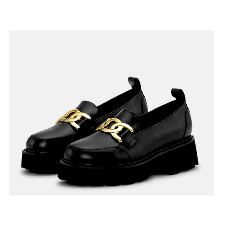 Chic Ilse Jacobsen Hornbæk Gold Buckle Leather Loafers | Rugged Sole Sz 6-8